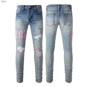 Man jeans ontwerper Jean Purple Jeans Brand Skinny Slim Fit Luxury Hole gescheurde Biker -broek Skinny Pant Designer Stack Mens Dames Trend broek OB49