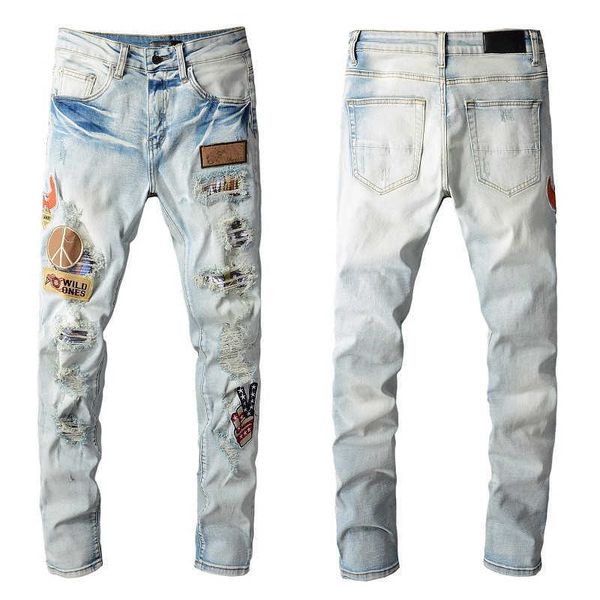 Vaqueros de hombre Vaqueros ajustados y ajustados Rasgados Cult Biker Moto Street para hombres jóvenes Chicos Estiramiento Bronceado Estrella Parche de mano Recto con agujero Denim largo