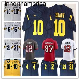 Homme Michigan Wolverines Tom Brady Jersey Football Rob Gronkowski Desmond Howard Charles Woodson Shea Patterson Jim Harbaugh Cousu Marine Rouge Gris Blanc