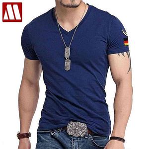 Camiseta militar masculina fit de manga curta camiseta casual de algodão masculina com decote em V fina para homens plus size até 5XL 210726