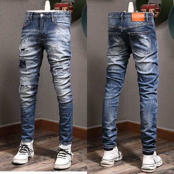 Jean Moto Homme Super Damage Délavage Foncé Bleu Cowboy Patchs Denim Coton