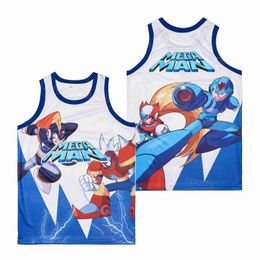 Homme Film Film MEGAMAN Rockman Rock Roll Jerseys Basketball 2010 Mega Man Vintage Hip Hop Pour Sport Fans Pur Coton HipHop Respirant Cousu Équipe Bleu Blanc Couleur