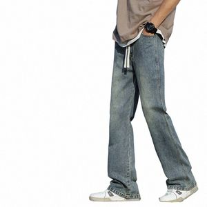 Homme nouveau printemps taille élastique Baggy Jeans micro haut-parleur Denim pantalon droit jambe large Ins couleur unie pantalon surdimensionné j6VU #