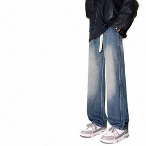 Homme Nouveau Printemps Taille élastique Baggy Jeans Fi Denim Pantalon à jambes larges Hip Hop Couleur unie Jambe droite Streetwear INS C1lZ #
