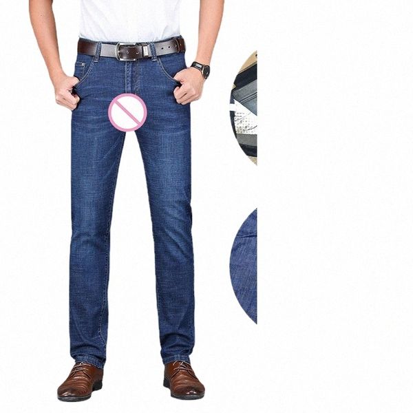 Hombre Sexo al aire libre Entrepierna abierta Jeans Erótico Cremallera oculta Crotchl LG Pantalones Cintura baja Elástico Pareja Juego Gay Pantalón flaco B8Gj #