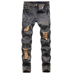 Man patch gat jeans mode occident trend nostalgia straat midden taille rechte denim broek ontwerper herfst mannelijke nieuwe elasticiteit casual jeans