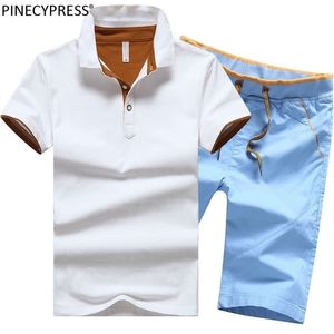 Homme Polo Shirt Set 95% Coton Été Blanc Gris Marine Noir Mâle Qualité À Manches Courtes Au Genou Hommes Polos Shorts Costume 210722