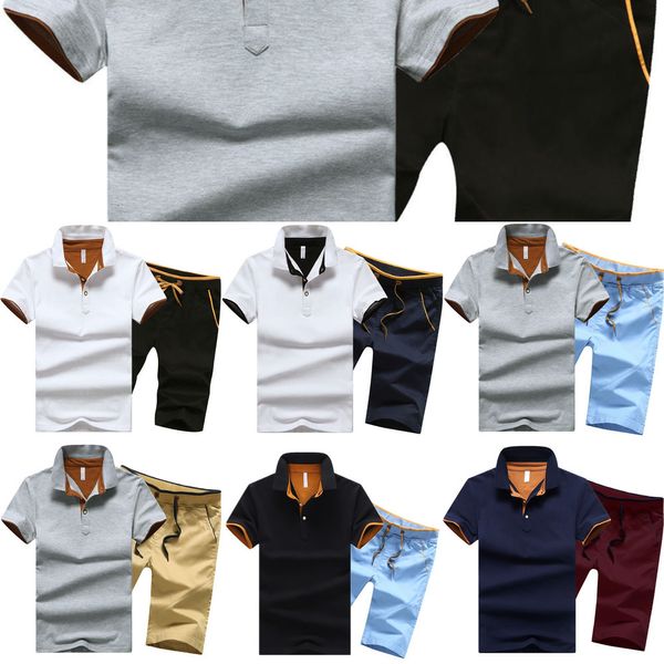 Homme Polo Shirt Set 95% Coton D'été Blanc Gris Marine Noir Mâle Qualité À Manches Courtes Au Genou Hommes Polos Shorts Costume X0610
