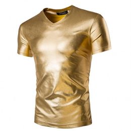 Man populaire nachtclubmode T-shirt met korte mouwen v-hals goud zilver zwarte kleur De trends van effen katoenen vrijetijds-T-shirt desig281j