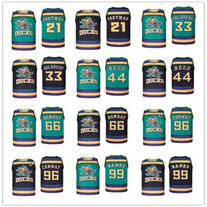 Man Gedrukt Mighty Ducks Basketbal Jersey 96 Charlie Conway 99 Adam Banks 21 Dean Portman 44 Fulton Reed 33 Greg Goldberg 66 Gordon Bombay Green Black Size S-3XL