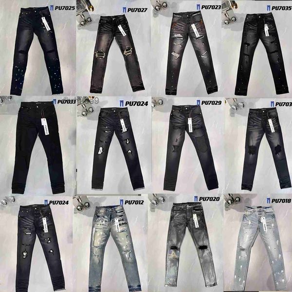 Hombre Púrpura Ripped Biker Slim Straight Skinny Pants Diseñador True Stack Moda Jeans Tendencia Marca Vintage Pant Mens 46X8