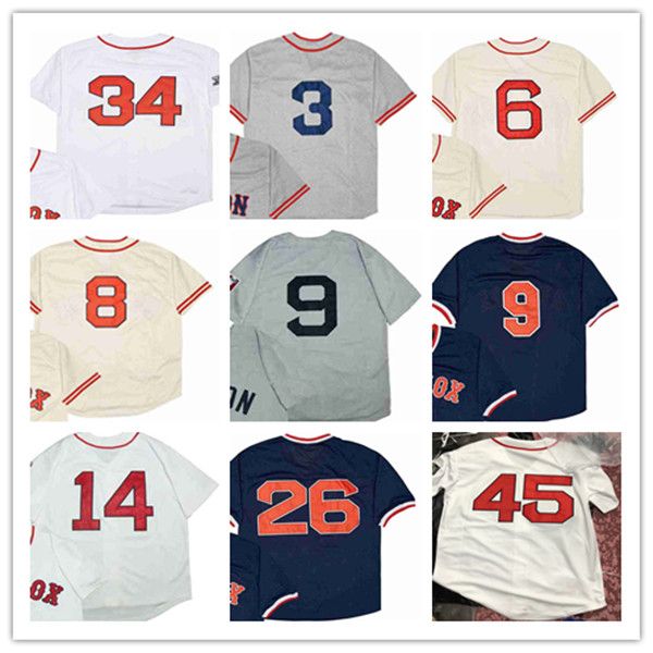 Homme Retire Boston Retro Vintage Baseball Jersey 9 TED WILLIAMS 6 BILL BUCKNER 8 CARL YASTRZEMSKI 34 DAVID ORTIZ 14 JIM RICE 3 JIMMIE FOXX 45 PEDRO MARTINEZ 26 WADE BOGGS