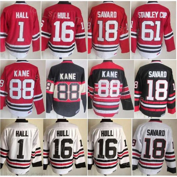 Homme Rétro Hockey 1 Glenn Hall Jerseys Retraite 16 Brett Hull 18 Denis Savard 61 Coupe Stanley 88 Patrick Kane 27 Jeremy Roenick 2 Duncan Keith Vintage Classic All Stitch