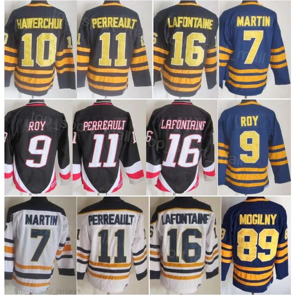 Homme Rétro Hockey 16 Pat LaFontaine Maillots Vintage Classique 7 Rick Martin 9 Derek Roy 10 Hawerchuk 11 Gilbert Perreault 89 Mogilny 26 Thoma Vanek 30 Ryan Miller CCM