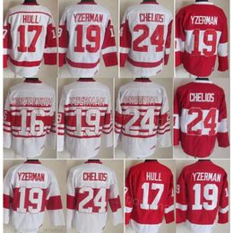 Homme Retro Hockey 19 Steve Yzerman Jerseys 16 Vladimir Konstantinov 17 Brett Hull 24 Chris Chelios 33 Kris Draper 31 Curtis Joseph Vintage Classic Stitch Rouge Blanc