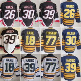 Homme Retro Hockey 26 Thoma Vanek Maillots 18 Danny Gare 30 Ryan Miller 39 Dominic Hasek 77 Pierre Turgeon 16 Pat LaFontaine 89 Mogilny Vintage All Stitch Navy White