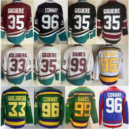 Man Retro Hockey 35 Giguere Jerseys 33 Greg Goldberg 96 Charlie Conway 99 Adam Banks Vintage Klassieke Film Groen 1993 Vintage Rood Zwart Stitch Puur Katoen Team