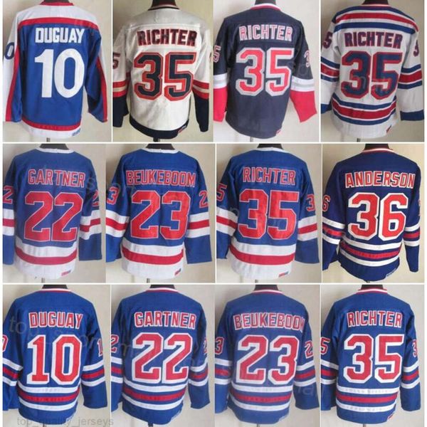 Hombre Retro Hockey 35 Mike Richter Jerseys Vintage 10 Ron Duguay 22 Mike Gartner 23 Jeff Beukeboom 36 Glenn Anderson 91-92 75 aniversario Retirar CCM Equipo de bordado