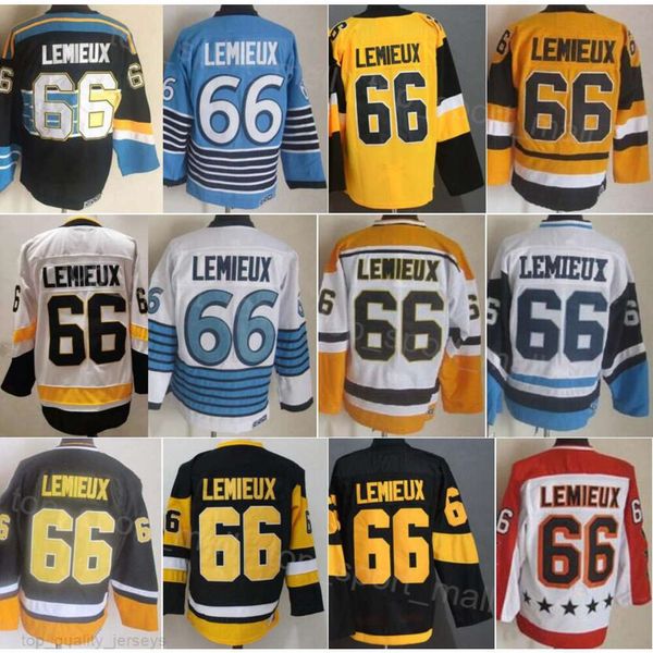 Homme Rétro Hockey 66 Lemieux Jerseys Noir Blanc Bleu Jaune Couleur de l'équipe Vintage Classique Tous les points CCM Retraite Pur Coton Pour Les Fans De Sport Respirant Haut/Bon