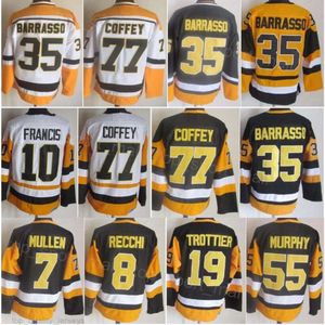 Man Retro Hockey 8 Mark Recchi Jerseys CCM Retire 7 Joe Mullen 10 Ron Francis 19 Bryan Trottier 35 Tom Barrasso 77 Paul Coffey Vintage Klassiek Zwart Wit Borduursel