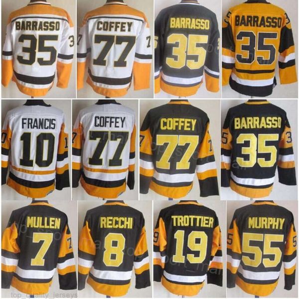 Hombre Retro Hockey 8 Mark Recchi Jerseys CCM Retire 7 Joe Mullen 10 Ron Francis 19 Bryan Trottier 35 Tom Barrasso 77 Paul Coffey Vintage Classic Negro Blanco Bordado