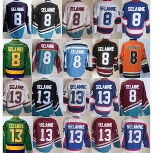 Heren Retro Hockey 8 Teemu Selanne Jerseys Vintage Klassiek Machtig Paars Wit Zwart Blauw Rood Groen Oranje Pensioen Team Kleur Borduursel Ademend Voor sportfans