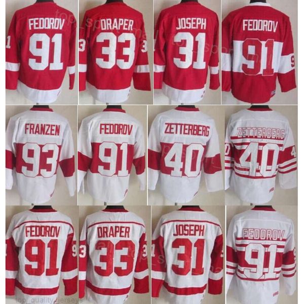 Homem Retro Hóquei 91 Sergei Fedorov Jerseys Vintage 40 Henrik Zetterberg 33 Kris Draper 31 Curtis Joseph 93 Johan Franzen 4 Gordie Howe 1 Terry Sawchuk 7 Ted Lindsay