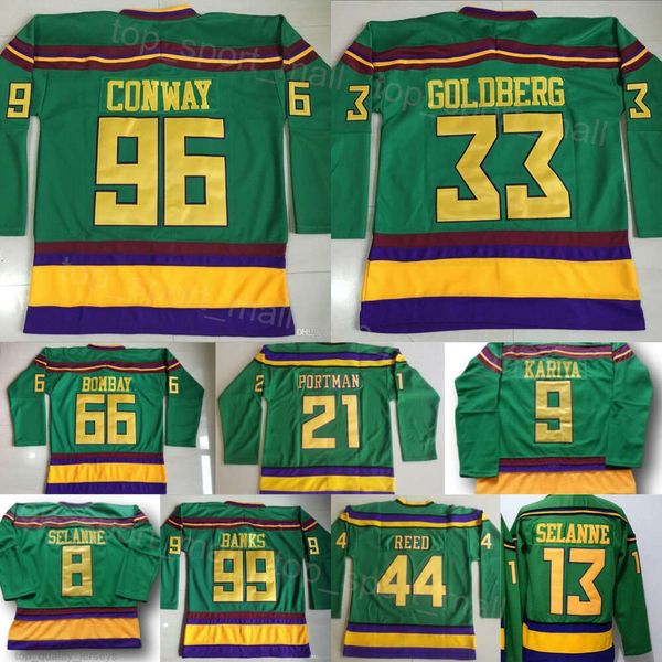 Homme Rétro Hockey 96 Charlie Conway Jerseys Film Vert 1993 Vintage Classique 21 Dean Portman 44 Fulton Reed 33 Greg Goldberg 66 Gordon Bombay 99 Adam Banks Broderie