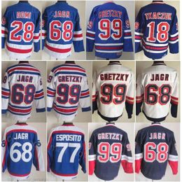 Hombre Retro Hockey 99 Wayne Gretzky Jerseys CCM Retirarse 68 Jaromir Jagr 77 Phil Esposito 28 Tie Domi 18 Walt Tkaczuk Vintage Classic 91-92 75 aniversario Stitch