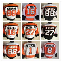 Hombres Eric Lindros Vintage Hockey Jerseys 16 Bobby Clarke 27 Ron Hextall 1 Bernie Parent 8 Dave Schultz Uniformes retro cosidos Negro Naranja Blanco Alternativo