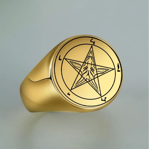 Anillo de hombre, pentagrama, baphomet, cabra, azufre, Leviatán, Cruz, símbolo del diablo de Satán, anillos de oro amarillo de 14k para hombre, regalo de joyería