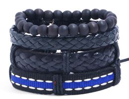 Man's koeienhuid lederen armband diy hand geweven kralen multilayer blauw lint combinatie pak armband maat ingestelde 4-styles / 1 set