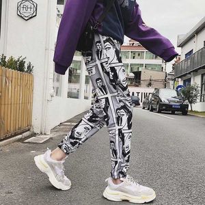 Man's mode cartoon strips print broek losse sport casual trekkoord elastische hoge taille joggers broek hiphop bijgesneden broek x0723