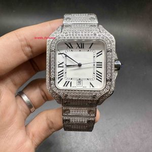 Man's Iced Out Diamonds Watch Silver Case Witte wijzerplaat Romeinse cijfers Automatische mechanische horloges