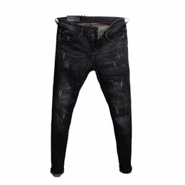 Été de l'homme New Elastic Slim Fit Esprit coréen Guy Leggings Skinny Black Denim Jeans Casual Hommes Designer Pantalon déchiré D48x #