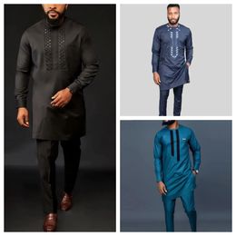 Homme Ensembles Tenue De Mariage Afrique Perles Haut À Manches Longues Pantalon Caftan Vêtements Traditionnels Costoumes Ethnique Casual Hommes 2Pcs Costume 240104