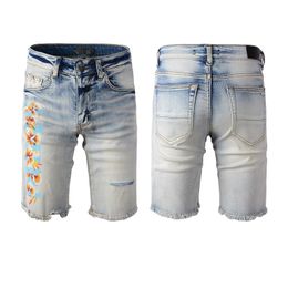 Man korte jeans gescheurd denim magere designer broek voor jeugd shorts rechte jogger ritsers flower print kleine blauw nood vernietigd slanke pasvorm met zak