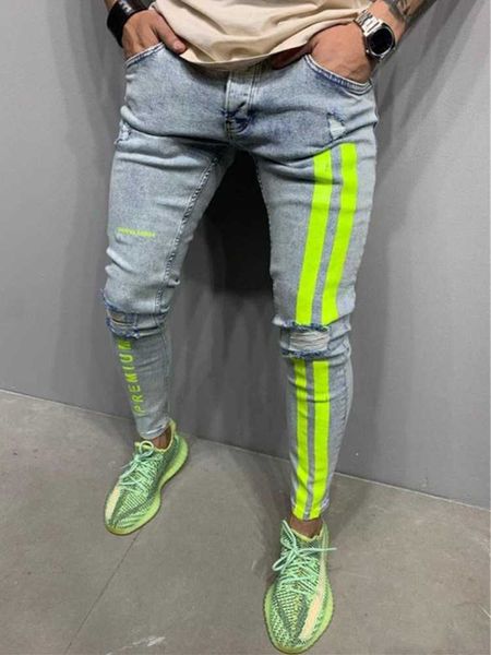 Homme Side Stripe Skinny Jeans Mode Moto Biker Crayon Pantalon Trou-Jogging Jeans Street Teen Cowboy Costume Hommes X-large 4XL X0621
