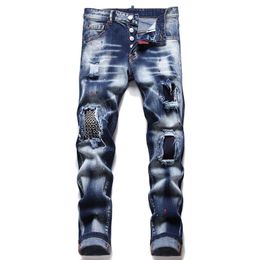 Homem Skinny Jeans Pour Homme Moda Calça Jeans Rasgo Destruído Lavado Azul Slim Fit Calças Stretch para Masculino Street Casual Wear com Multi