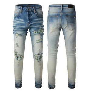 Man Skinny Pants past bij designer jeans knie gescheurde stretch voor heren denim biker slanke broek noodlijdende lichtblauwe motorfiets fit trendy lang