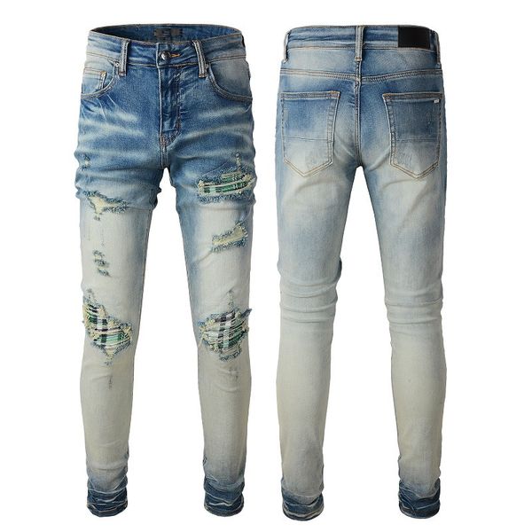 Pantalon skinny homme convient aux jeans de créateurs déchirés au genou extensible pour hommes Denim Biker Slim Pantalon en détresse Bleu clair Moto Fit Trendy Long Straight Zipper Hole