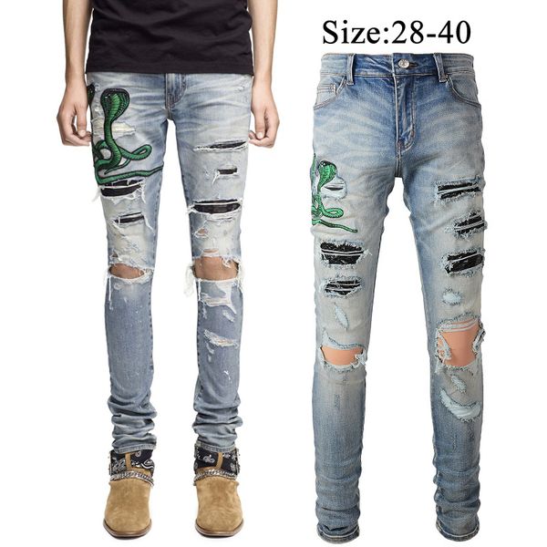 Homem cobra bordado remendos jeans skinny fit calças jeans