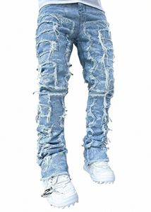 Homme Jeans empilés taille élastique coupe droite Patchworks Denim Lg Pantalon Fringe Jeans déchirés pour hommes 20Dq #