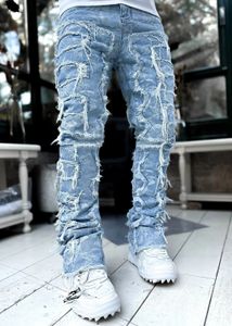 Man gestapelde jeans elastische taille recht fit patchworks denim lange broek franje franje gescheurde jeans voor mannen 240412