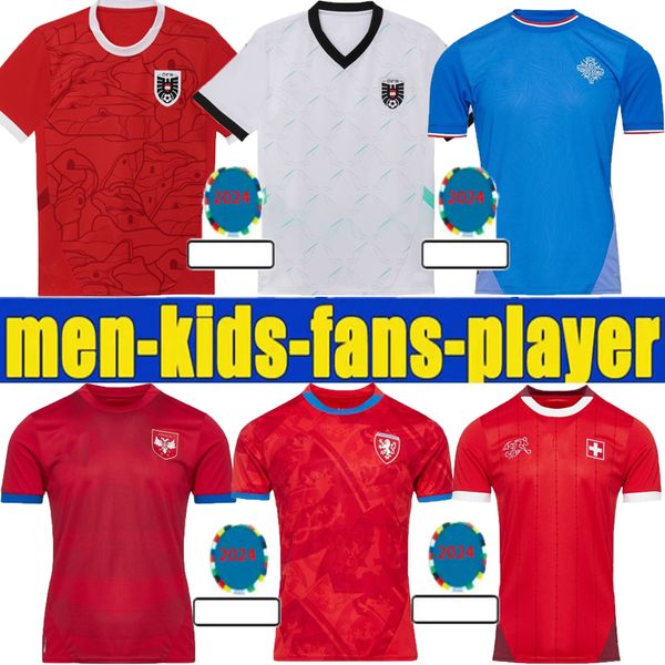 Nuevas camisetas de fútbol de la república checa Suiza a casa 24 25 Austria Red Blue Blanco 2024 2025 ISLAND Sports Football Wasks Sportswear Serbia Camisola de Futebol