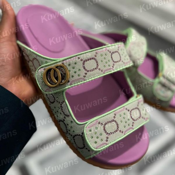 Diseñador de sandalias de papá Crystal con dos toboganes de plataforma para mujeres Sluys Denim Slippers Doubleg Summer Luxury Mulas de cuero impermeable