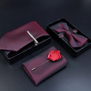 Man bind hanky manchet-link tie clip bowtie broche 6pcs set luxe stropdas pak voor mannelijk pochet square zakdoek mode cadeau box 240119