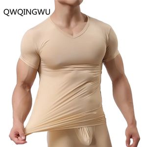 Man Underhirt Ice Silk Spandex Sheer T Shirts Male Nylon V-Neck Short Sheeves Tops Ultra-Thin Cool Thermal Sleepwear Underhirt 240325