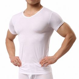 Homme Undershirt Ice Silk T-shirts Homme Nyl Col V Manches courtes Tops Ultra-mince Cool Vêtements de nuit Undershirt c5vi #
