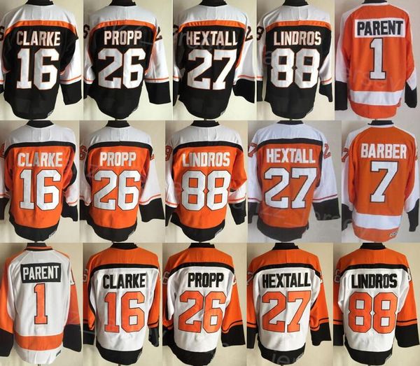 Hombre Vintage Hockey 1 Bernie Parent Jersey Retro 26 Brian Propp 7 Bill Barber 8 Dave Schultz 88 Eric Lindros 16 Bobby Clarke 27 Ron Hextall Classic CCM Venta de bordado